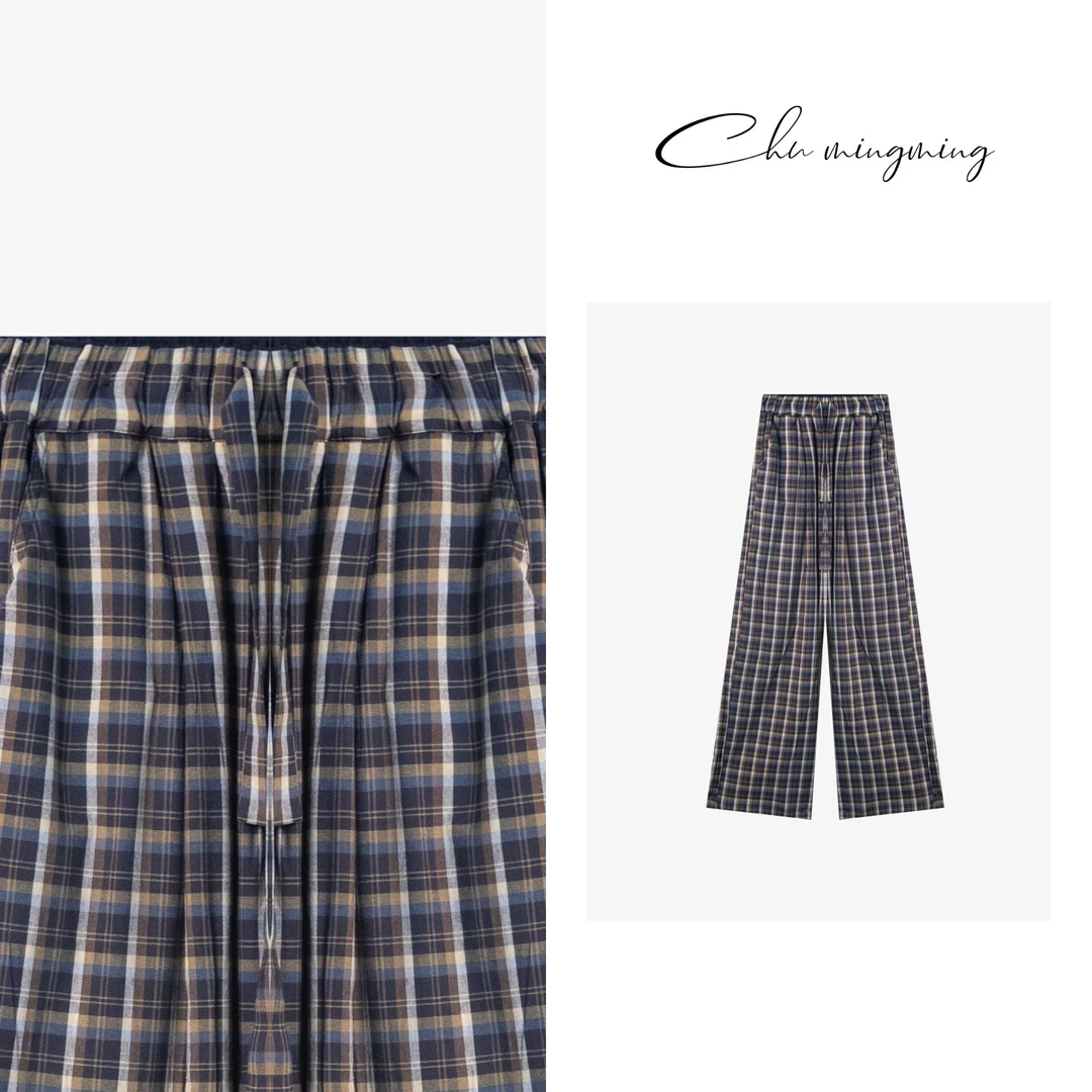 【CHU/2024SSNEW】原创设计《蓝格》显瘦气质格纹拼接阔腿裤FF7710