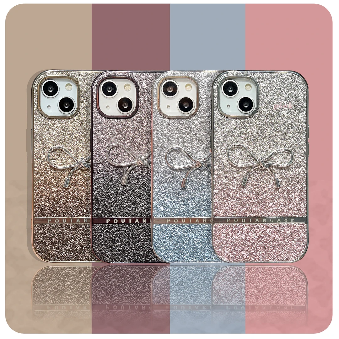 日韩轻奢风闪粉电镀蝴蝶结适用于苹果15promax手机壳iPhone防摔14