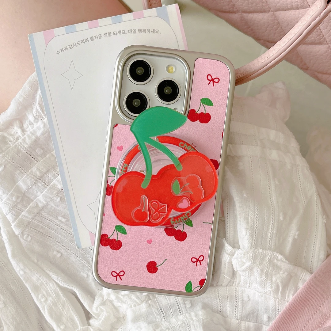 个性可爱趣味贴皮磁吸粉底满屏樱桃适用于苹果15promax手机壳12