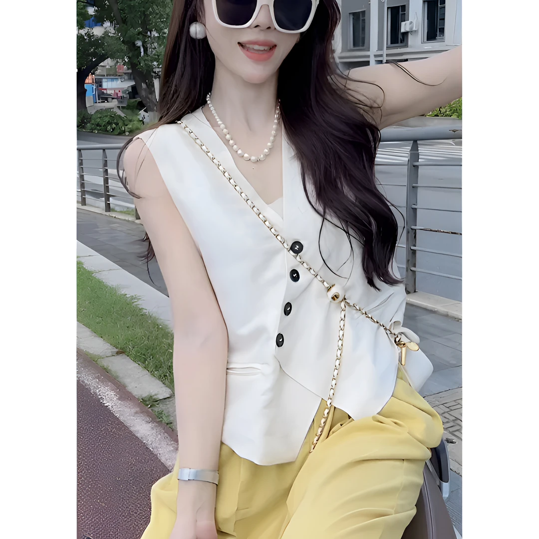网红气质无袖衬衫女夏季设计感小众休闲百搭洋气减龄别致V领上衣