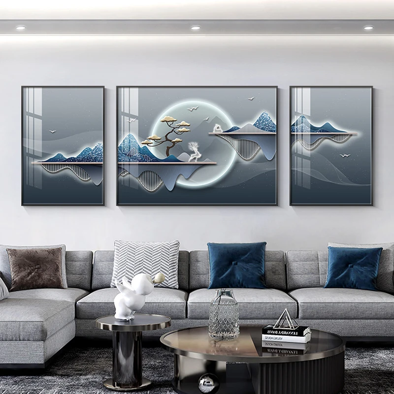 山水高档轻奢客厅装饰画感2023新款沙发背景墙挂画现代壁画三联画