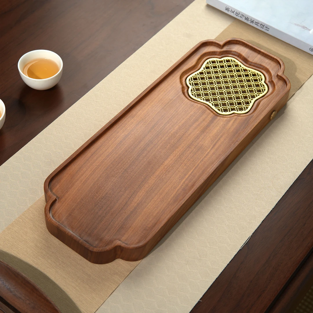 【新品 柚木】FDY50柚木四季发财排水茶盘 约40-15-3cmv家用 泡盘