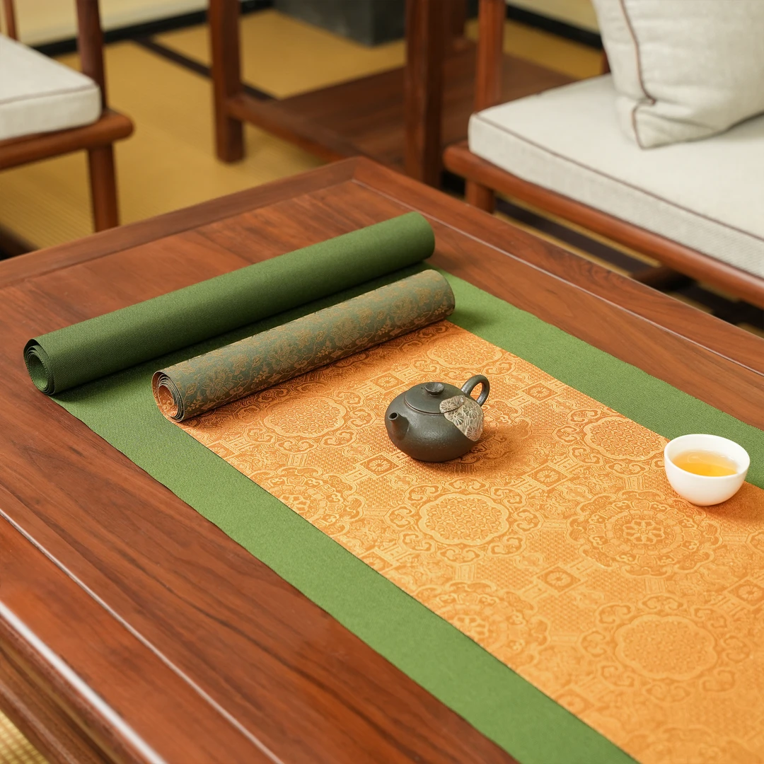 【新品 长茶席】织锦防水茶席宝相纹-竹青款长茶席 约200-28/40cm