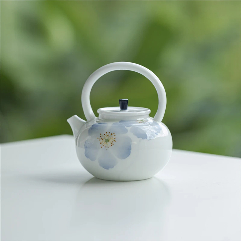玉泥蓝影手绘海棠圆满提梁壶陶瓷茶壶单壶女士清新茶具精致泡茶壶