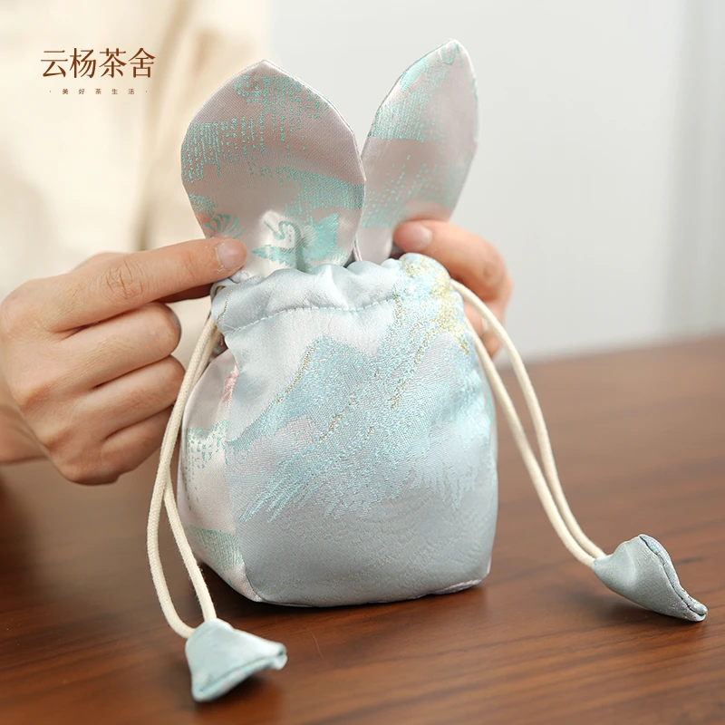 【云杨茶舍】莫兰迪蓝色兔子茶杯袋茶具收纳包 茶壶主人杯中式布包