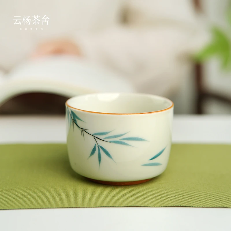 草木灰手绘绿竹直口主人杯陶瓷茶杯家用品茗杯功夫茶具单个大号