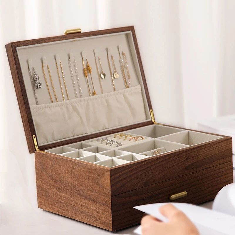 JS 北美黑胡桃 超大号双层首饰盒 30-20-13cm 家用  收纳 简约