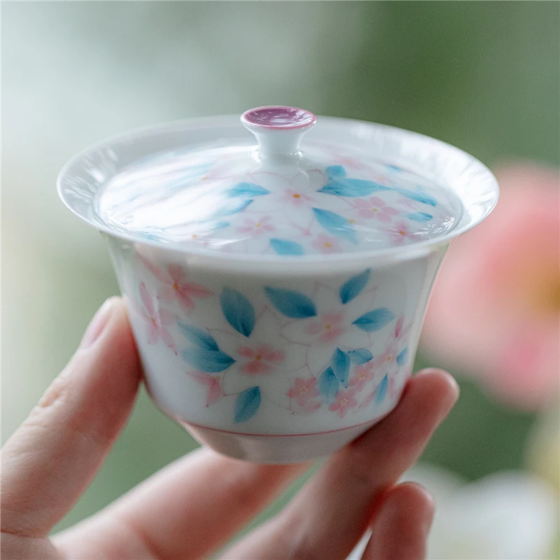 手绘凌霄莉绮颜夕二才盖碗小望舒盖碗功夫茶具家用不烫手泡茶陶瓷