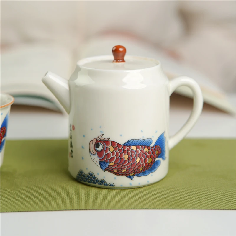 草木灰金鳞龙鱼直把壶家用陶瓷茶壶白瓷泡茶器中式功夫茶具带过滤