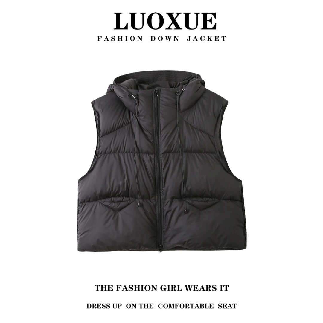 RO 鹅绒蓬松泡芙连帽羽绒服 轻柔百搭马甲短款 时尚保暖休闲