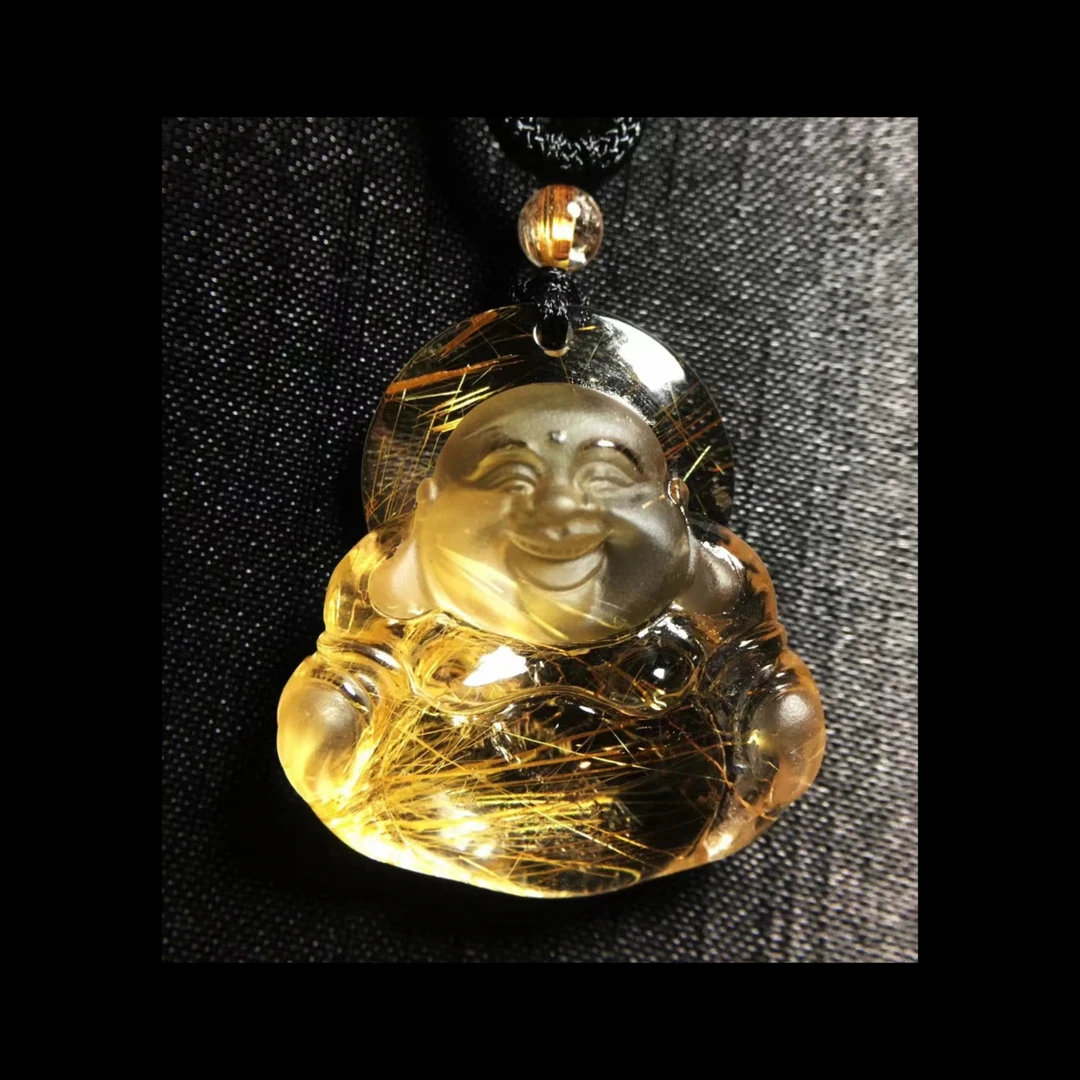 天然水晶金发晶弥勒佛吊坠