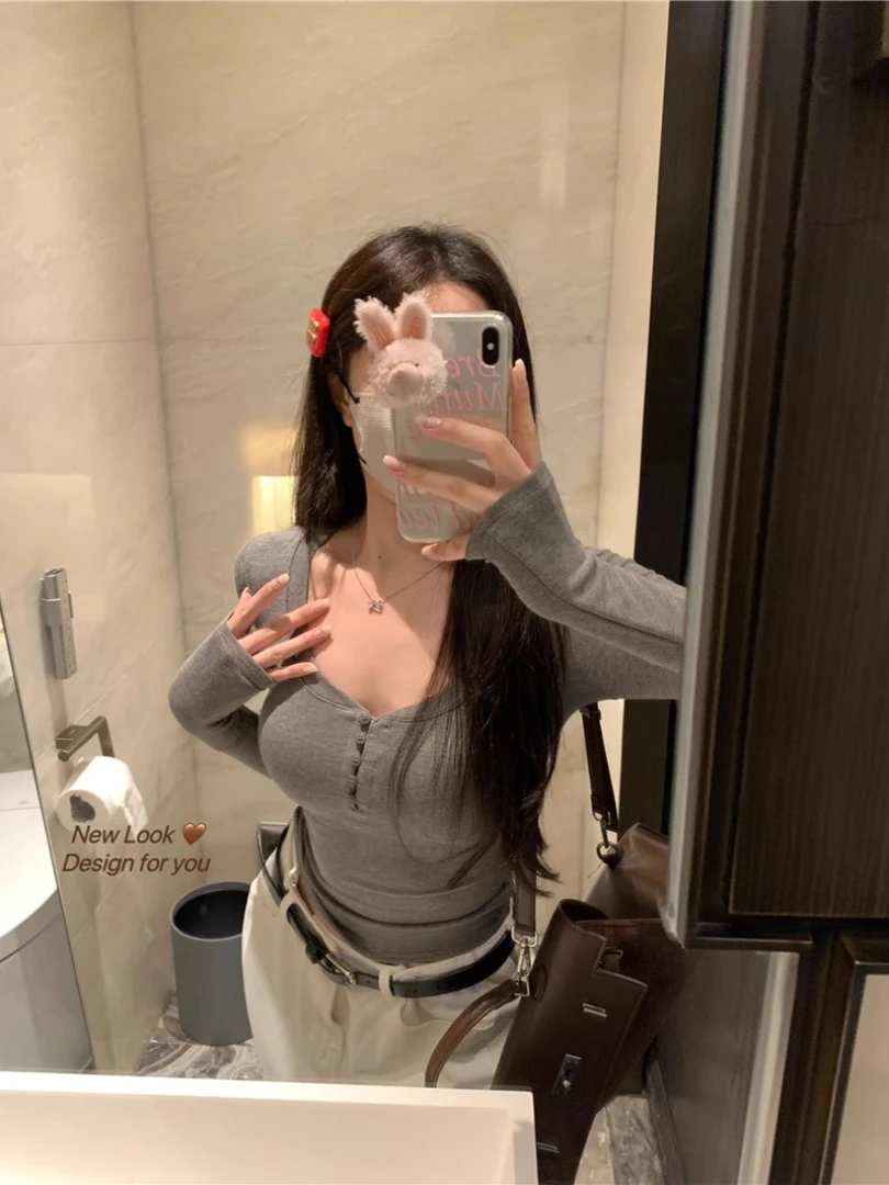 双面德绒纯欲粉色长袖T恤女秋季辣妹修身显瘦打底衫短款百搭上衣