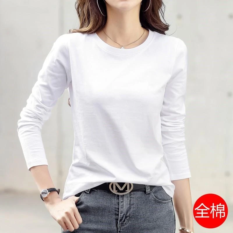靓丽伽纯棉春秋款长袖T恤女百搭气质内搭洋气圆领正肩白色打底衫