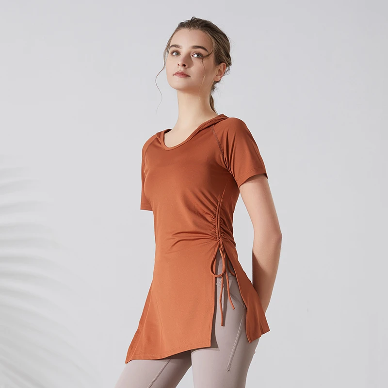 时尚休闲训练开叉春夏短袖速干上衣长款大码遮臀瑜伽服瑜伽服上衣