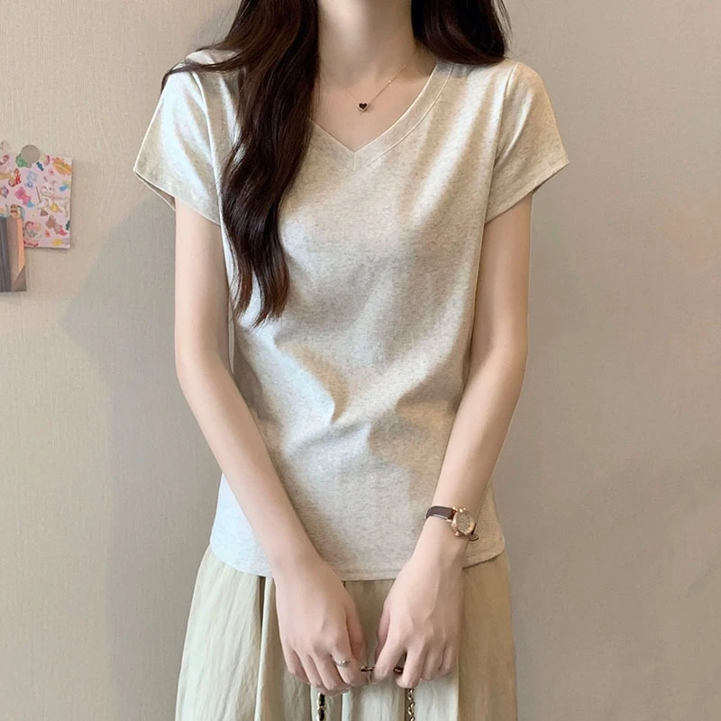 亦声V领T恤女装半袖2023年新款夏季基础款正肩小个子短袖上衣