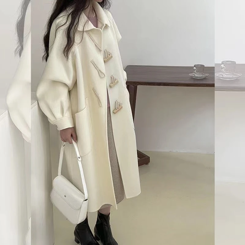 亦声白色牛角扣双面呢子大衣女2024秋冬新款小个子赫本风毛呢外套