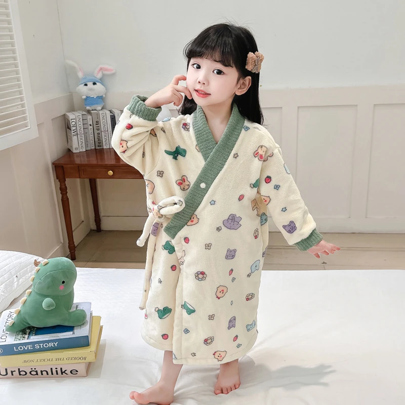 儿童浴袍秋冬加厚小童法兰绒睡衣冬款宝宝浴巾加绒女童家居服睡袍