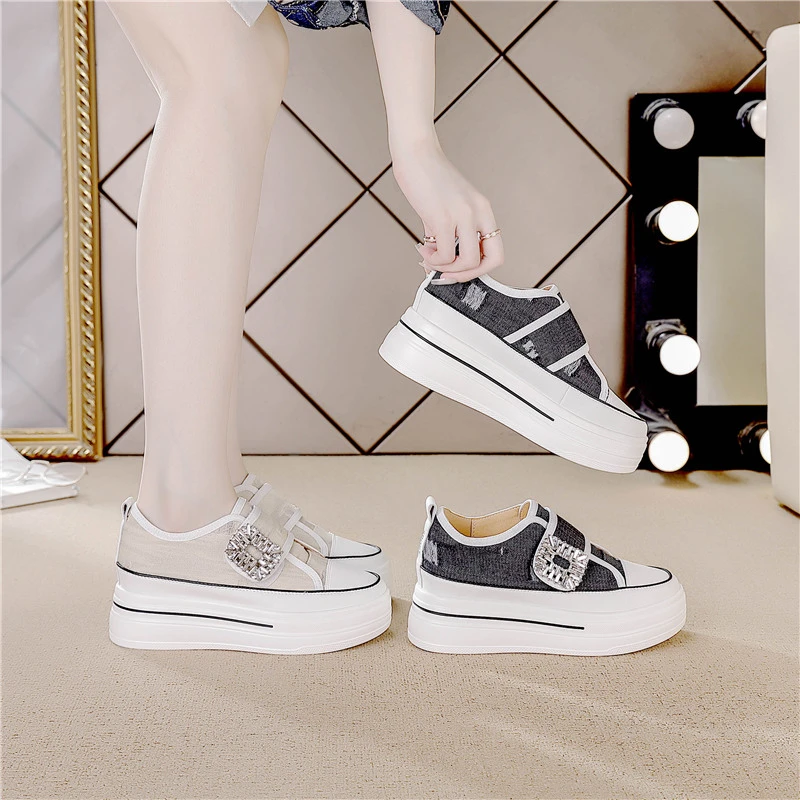 （清仓）厚底增高女鞋2025春季新款透气内增高魔术贴百搭小白鞋春夏