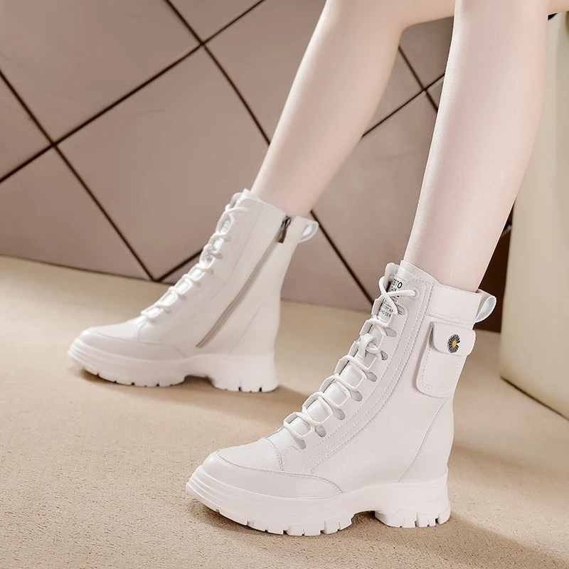 内增高7cm休闲中筒靴秋冬百搭加绒软面坡跟 防水台马丁靴女士短靴