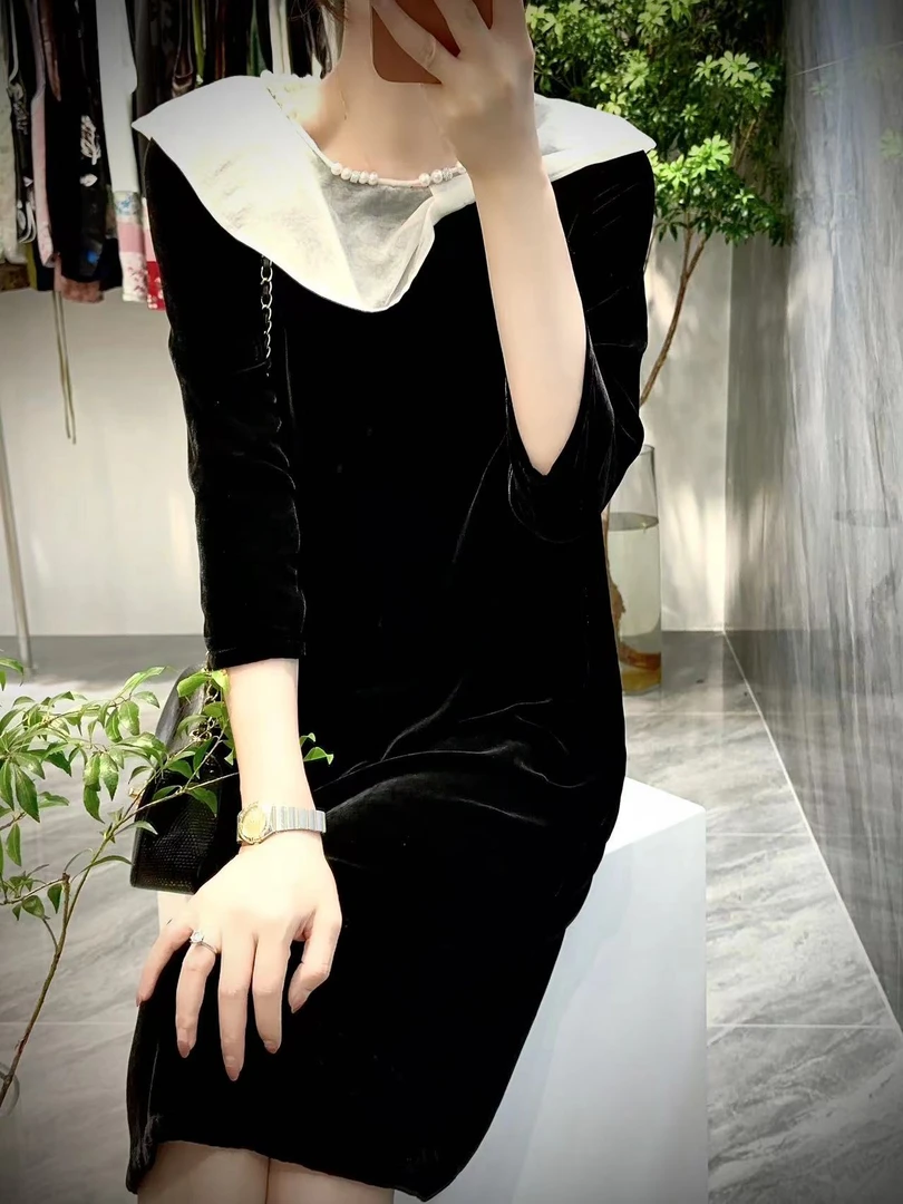 优雅气质时尚真丝丝绒连衣裙黑色