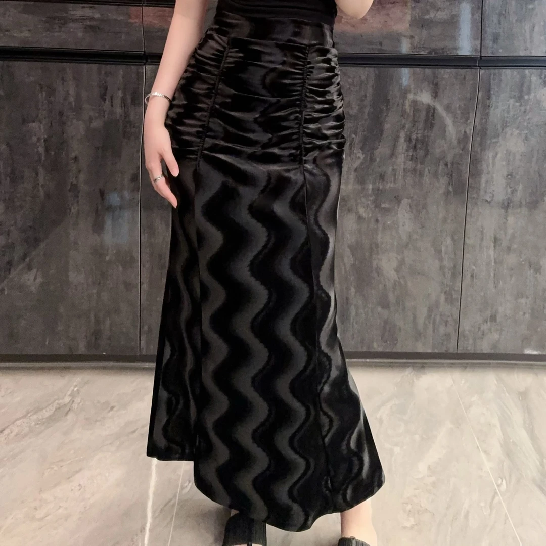 【虞姬】染波浪条纹半身裙女秋季洋气时尚减龄高腰显瘦丝绒鱼尾裙