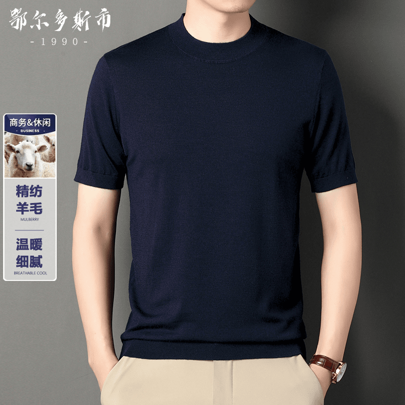 男士羊毛T恤圆领套头短袖薄款打底中年纯色商务休闲半袖宽松上衣