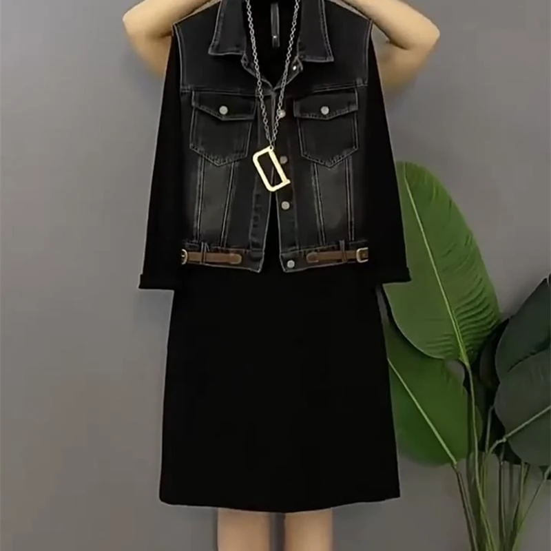 2024新款牛仔马甲长裙两件套女秋时尚宽松大码洋气网红连衣裙套装