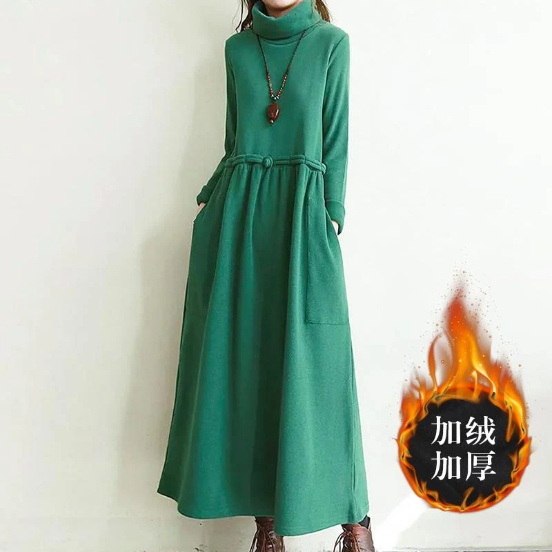 外贸原单品牌女装余单清仓出口高领连衣裙女大摆长袖打底加绒长裙