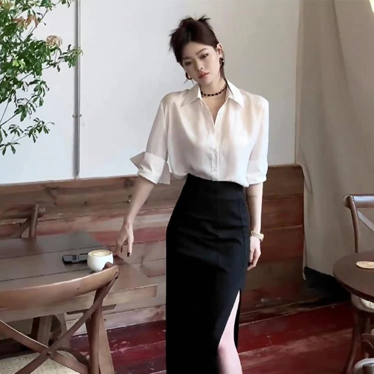 冷淡系高级感套装2024新款夏季polo领衬衫开叉半身裙御姐风两件套