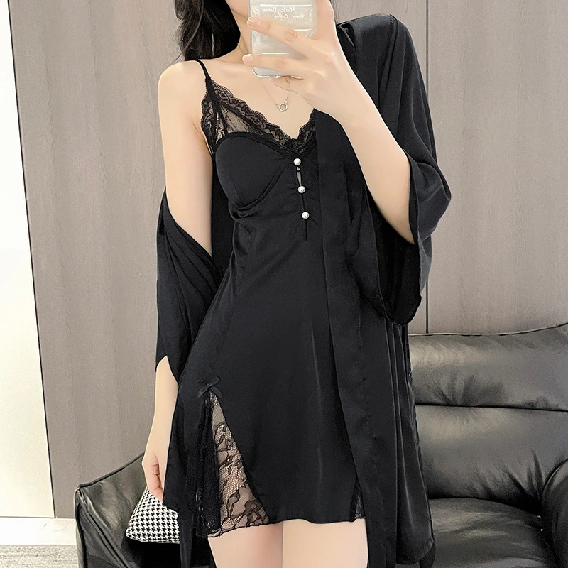 性感冰丝睡衣女2024新款春秋款纯色蕾丝吊带带胸垫睡袍家居服诱惑