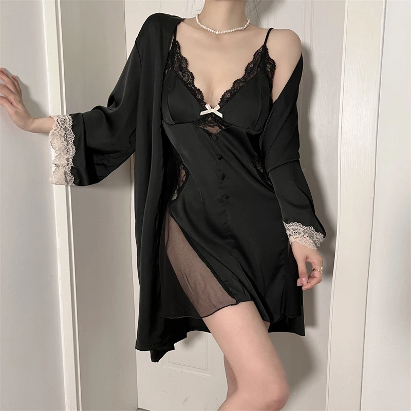 睡衣女春秋冰丝2023新款蕾丝纯欲性感吊带睡裙睡袍情调带胸垫