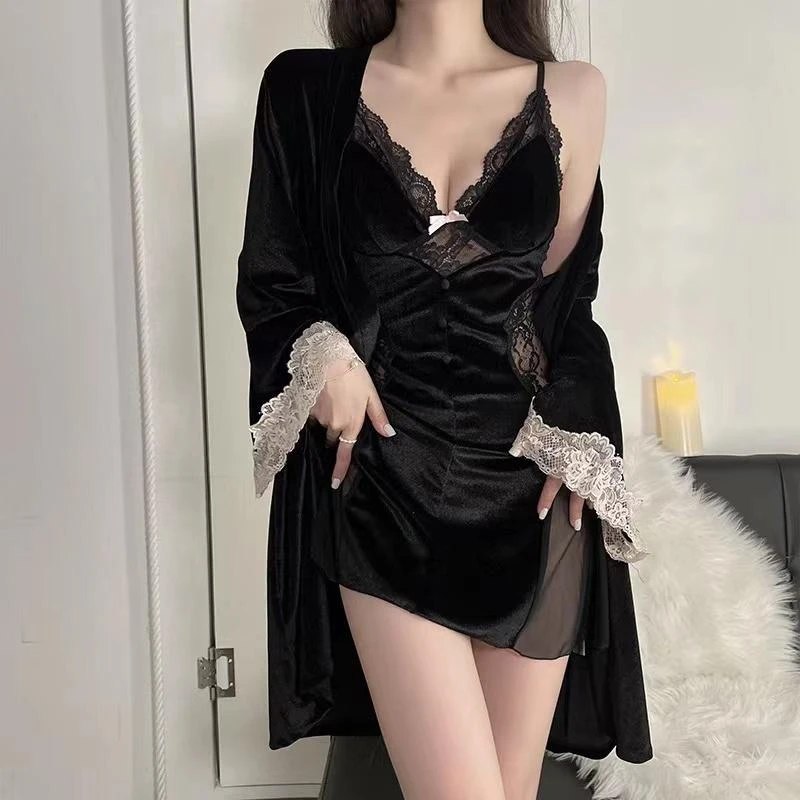 性感睡衣女金丝绒秋冬款蕾丝火辣胸垫吊带睡裙外袍睡衣女轻奢