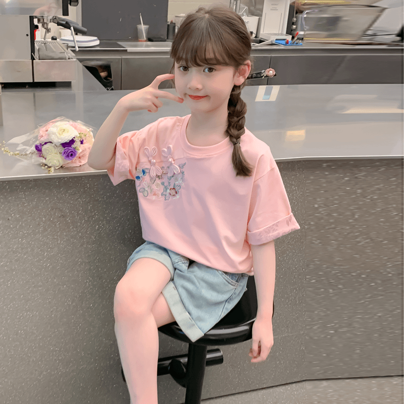 女童夏装新中式T恤2024新款儿童洋气休闲夏季短袖宽松上衣两件套