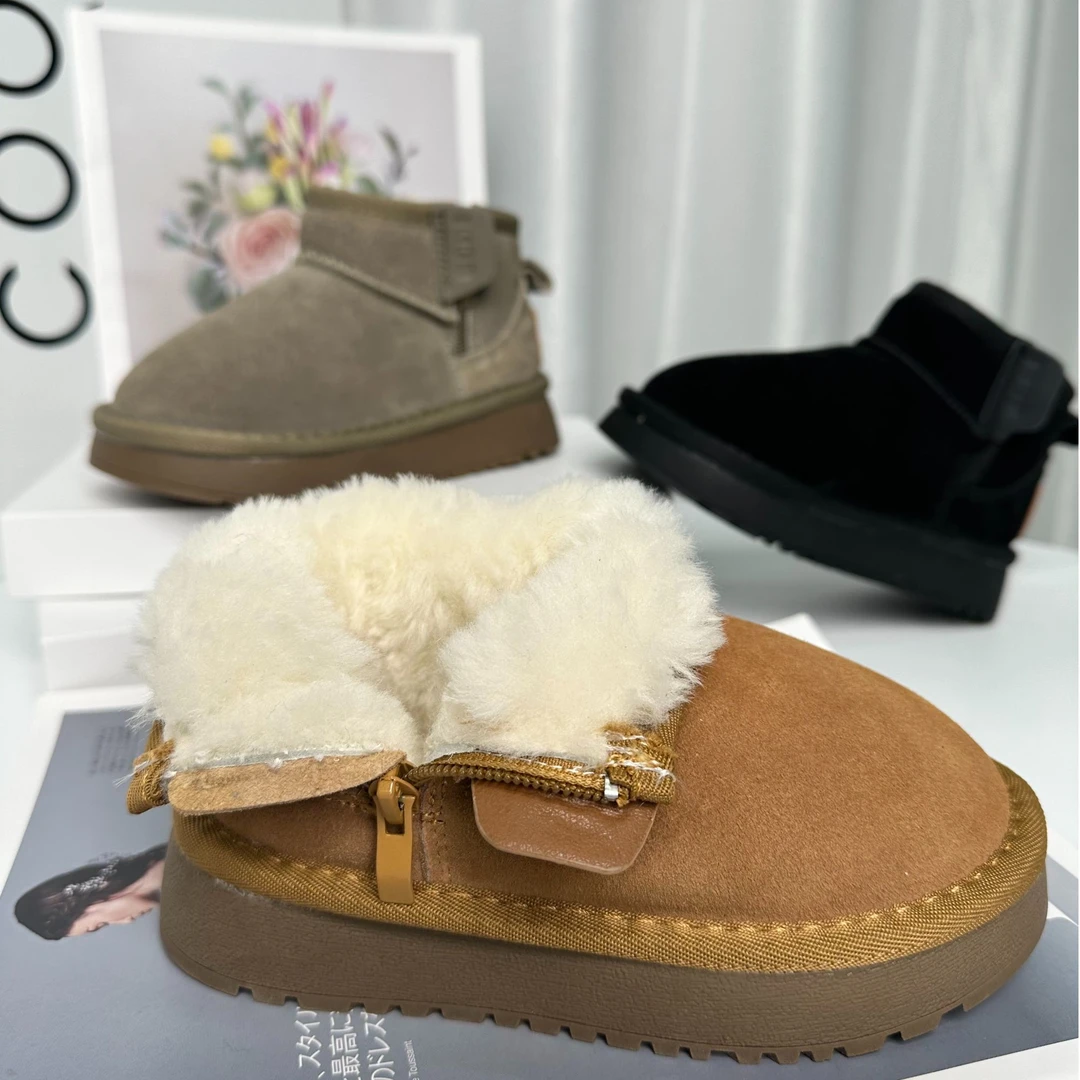 牛皮真皮加厚加绒设计款保暖防滑防寒透气耐磨软底男女童雪地靴