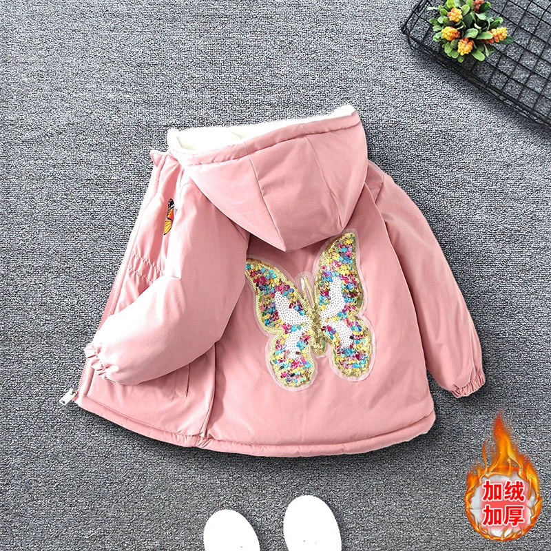 女童冬装加绒连帽外套女童时尚亮片蝴蝶收腰保暖风衣宽松棉服潮