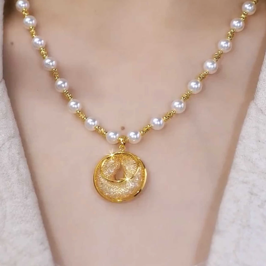 铜合金项链 金丝网状水晶圈圈吊坠珠珠项链轻奢高级感气质锁骨链