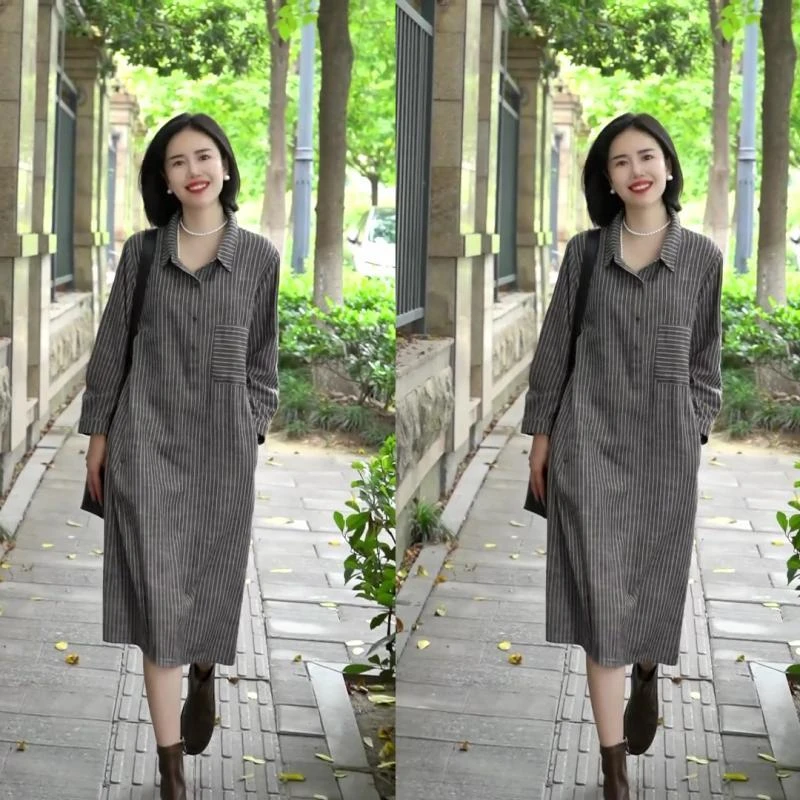 高级感休闲棉麻条纹连衣裙女2023秋季新品宽松百搭中长款衬衫裙子