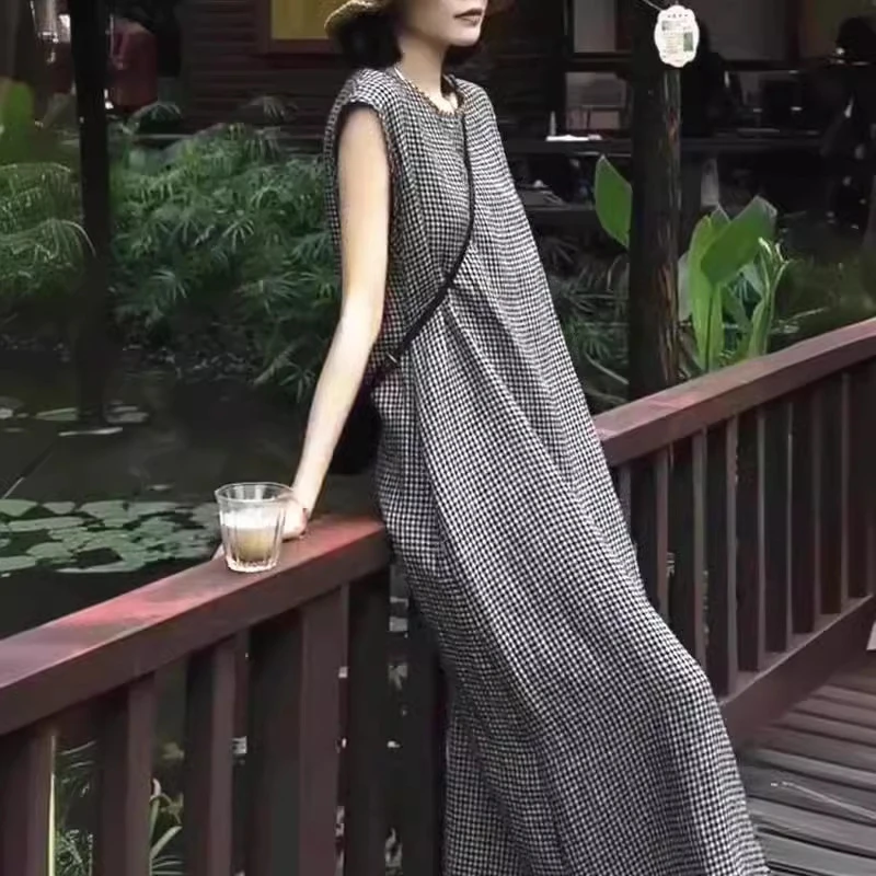 复古格子麻棉背心连衣裙夏2024休闲无袖连衣裙宽松直筒裙气质长裙