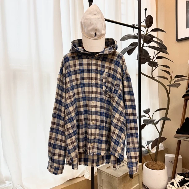 日系水洗做旧毛边廓形连帽格子衬衫 男女同款