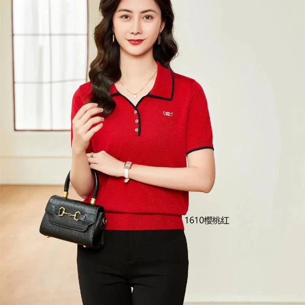 100%莱赛尔天丝女士夏季短袖薄款时尚百搭中老年妈妈装针织上衣