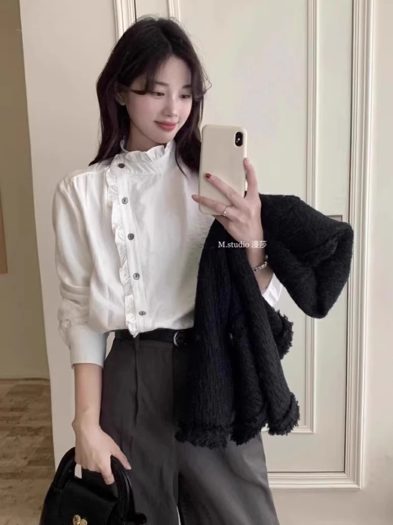法式花边立领衬衫女设计感别致上衣白色衬衣2024秋季复古宽松小衫