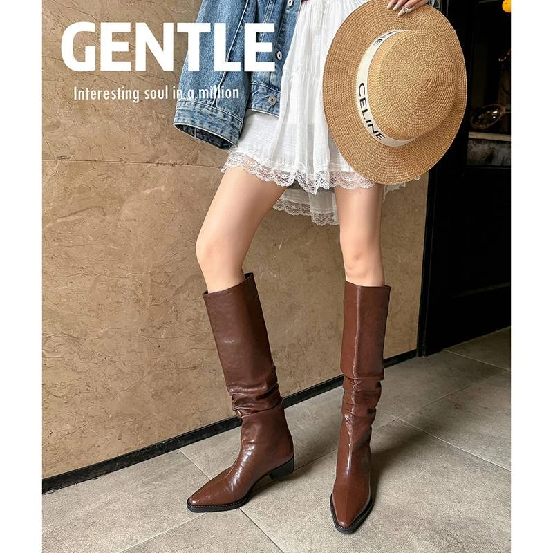 【林可乐】西部靴2024年秋季复古风方跟纯色西部靴西部靴高筒