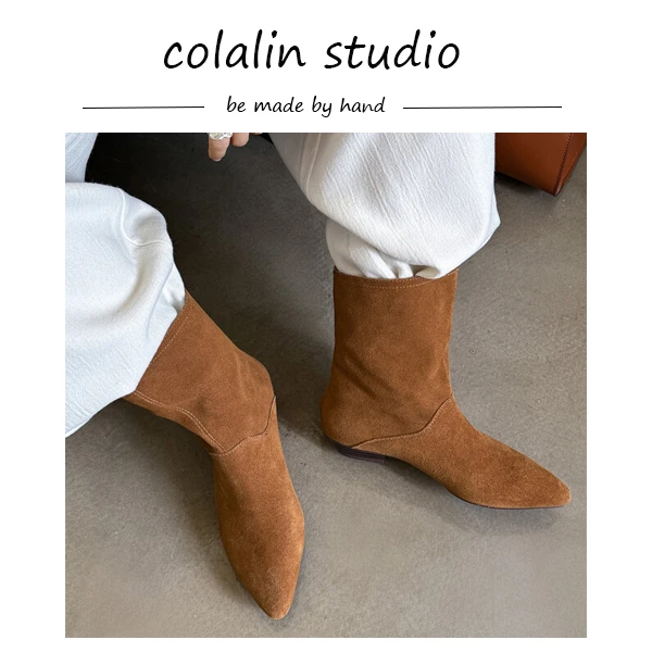 【林可乐】短筒西部牛仔靴2cm跟黑色棕色复古百搭尖头磨砂皮短靴女