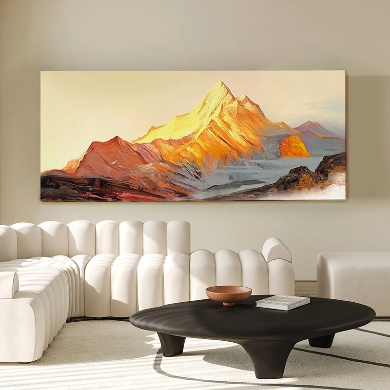 纯手绘油画《日照金山》沙发背景墙客厅装饰画玄关抽象挂画风景画