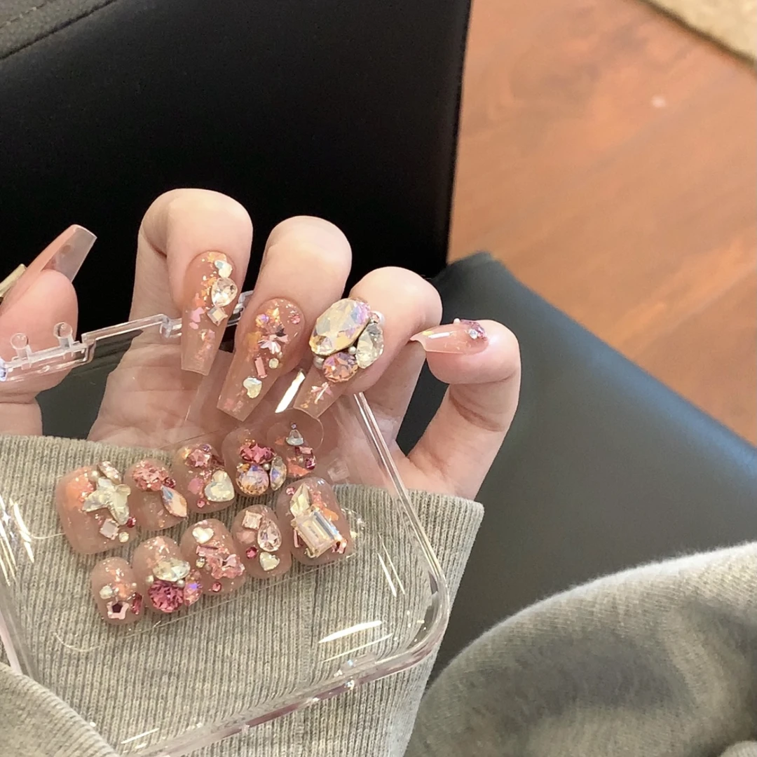 【毛利美甲事务所】胭脂粉蝶 施华洛 欧泊蜜桃纯欲风 穿戴甲定制