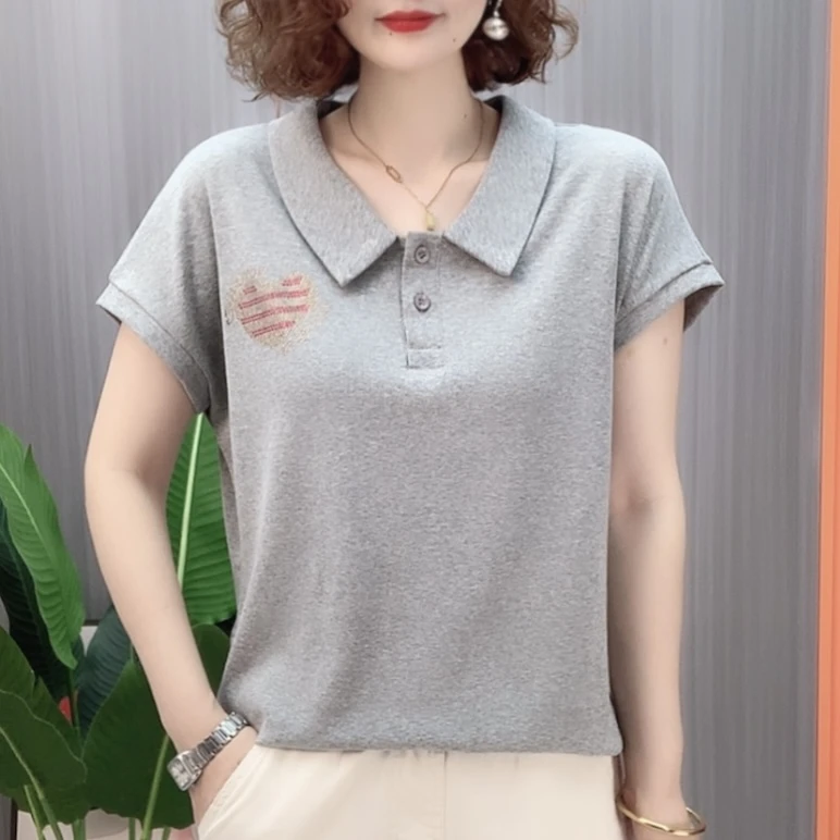 夏季新款娃娃领短袖T恤时尚洋气宽松显瘦减龄蝙蝠袖休闲上衣#635