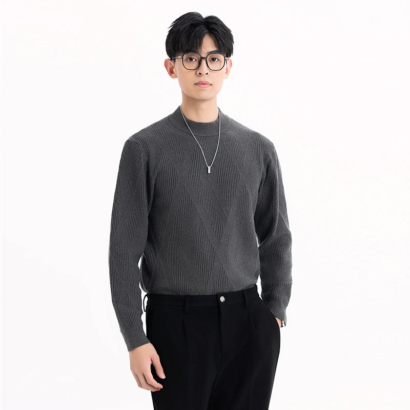 秋冬高级感菱形提花针织打底衫半高领韩版毛线衣男士保暖高领毛衣
