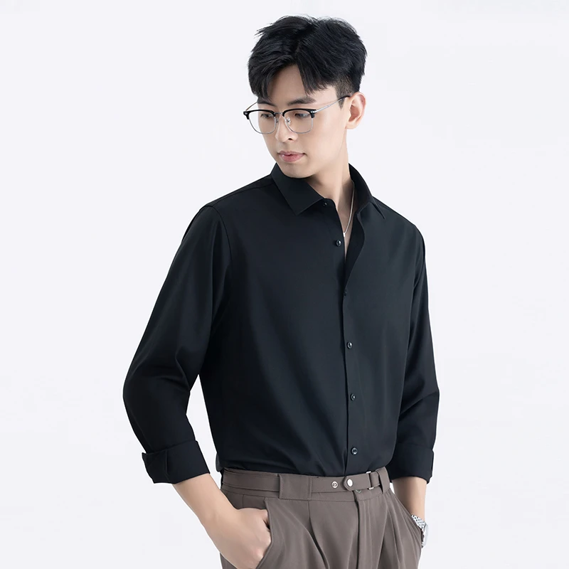 春夏莫代尔衬衫男士长袖透气不起球免烫抗皱衬衣商务正装休闲纯色