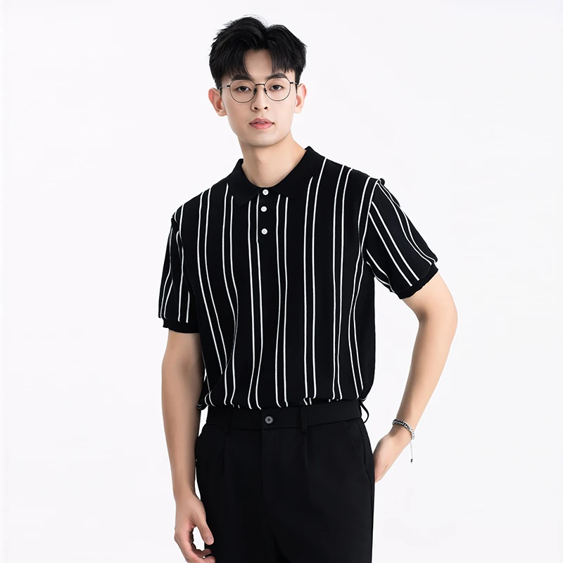 2025新款条纹针织冰丝短袖polo衫男潮流痞帅休闲港风日系翻领T恤