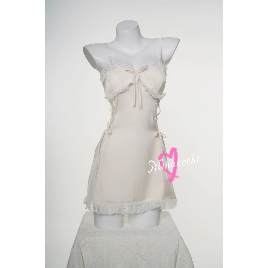 奶油白色吊带蝴蝶结小镂空短裙睡裙少女纯欲风睡裙情趣睡衣内衣